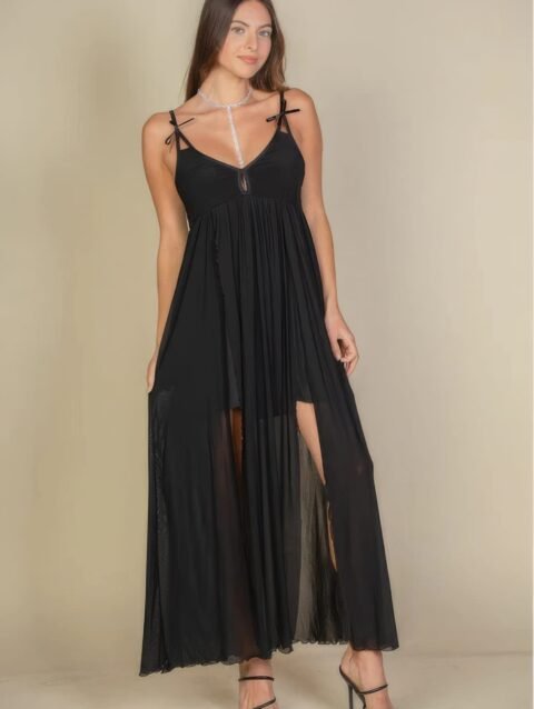 Plunge Neck Split Thigh Mesh Maxi Dress