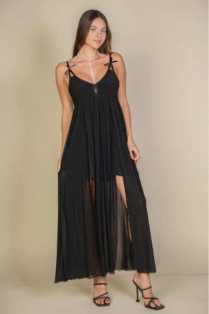 Plunge neck split thigh mesh maxi dress