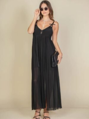 Plunge Neck Split Thigh Mesh Maxi Dress Plunge Neck Split Thigh Mesh Maxi Dress