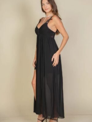 Plunge Neck Split Thigh Mesh Maxi Dress Plunge Neck Split Thigh Mesh Maxi Dress