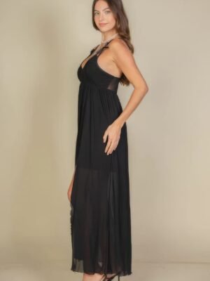 Plunge Neck Split Thigh Mesh Maxi Dress Plunge Neck Split Thigh Mesh Maxi Dress