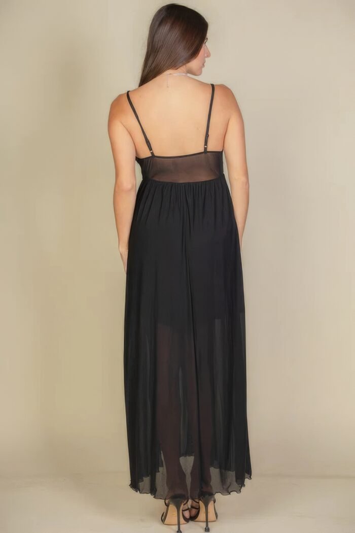 Plunge neck split thigh mesh maxi dress