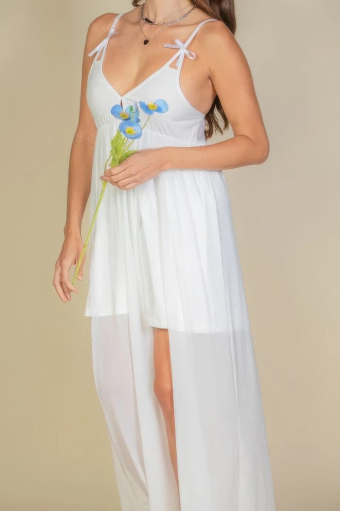 Plunge neck split thigh mesh maxi dress