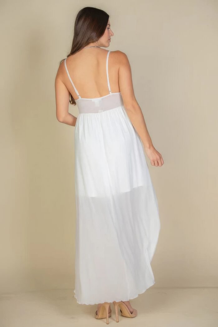 Plunge neck split thigh mesh maxi dress