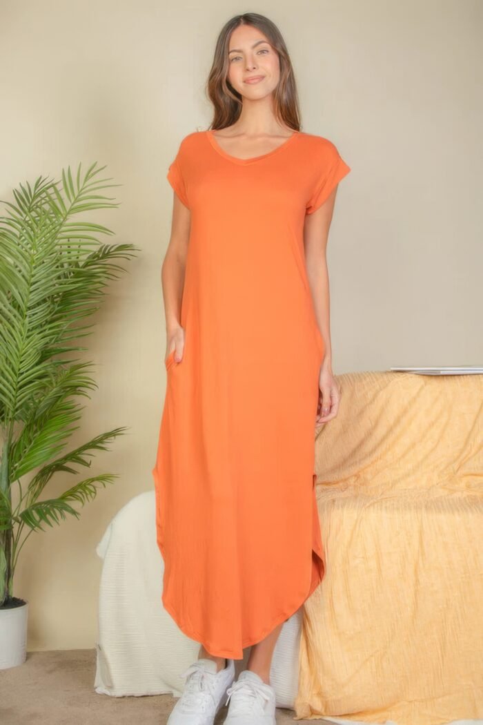 Hidden pocket batwing sleeve v neck long dress