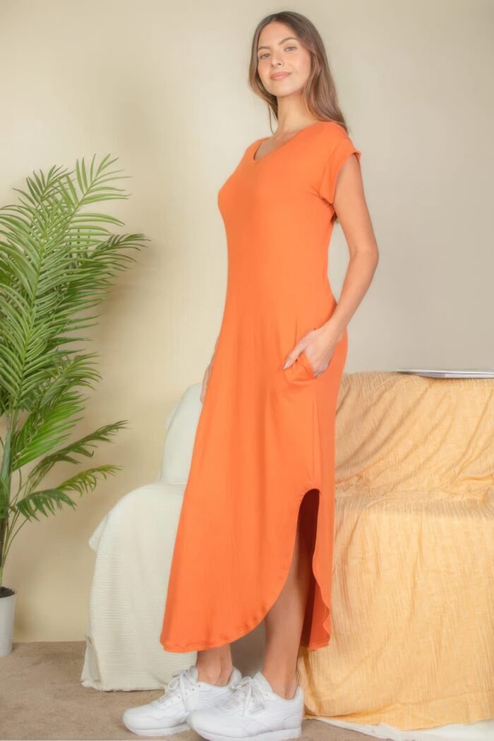 Hidden pocket batwing sleeve v neck long dress
