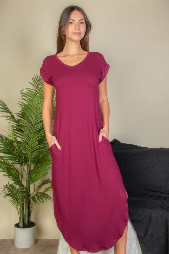 Hidden pocket batwing sleeve v neck long dress