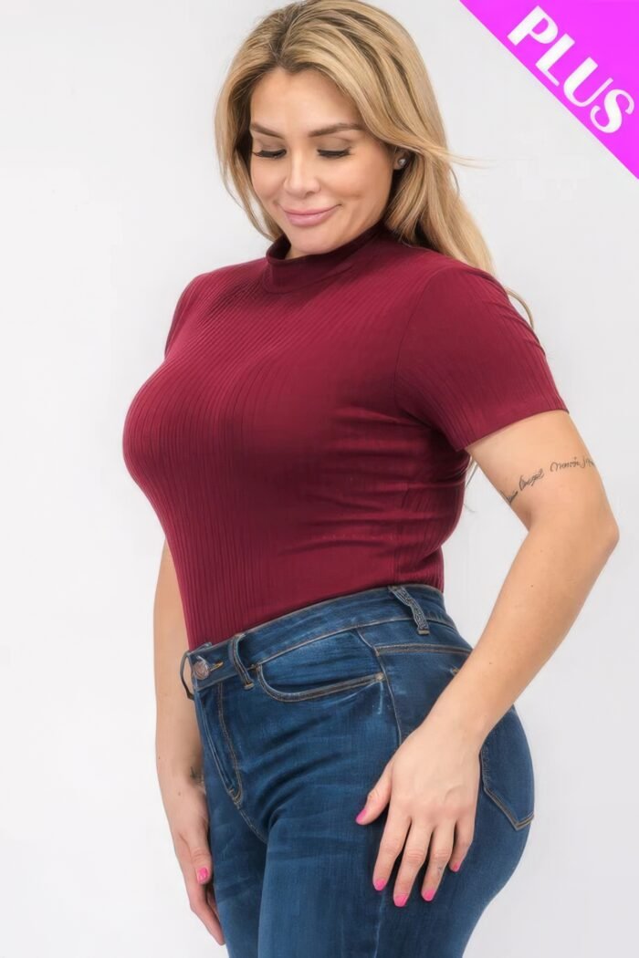Plus Size Ribbed Short Sleeve Bodysuit - Image 8