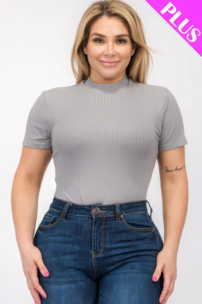 Plus Size Ribbed Short Sleeve Bodysuit - Image 1