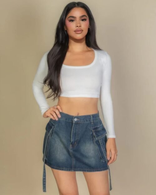 solid rib knit square neck long sleeve top