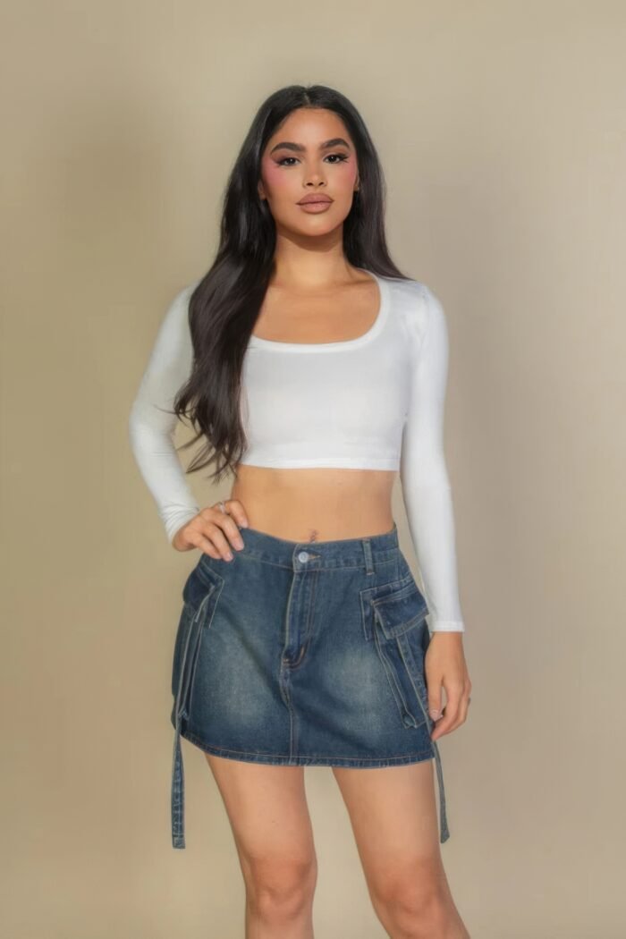 Solid rib knit square neck long sleeve top - image 2