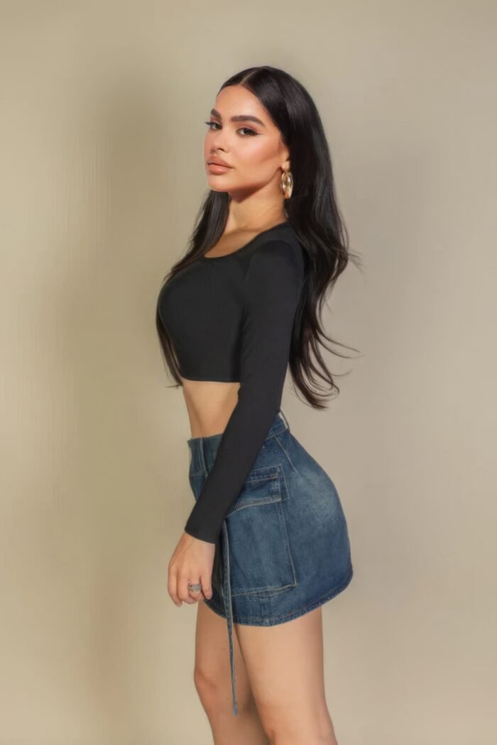 Solid rib knit square neck long sleeve top - image 5