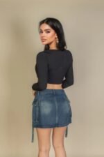 Solid Rib Knit Square Neck Long Sleeve Top - Image 6