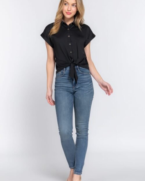 short slv front tie stretch ity top