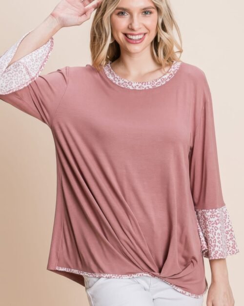 animal print contrast bell sleeves fashion top with gathered front hem