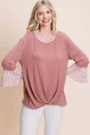 Animal Print Contrast Bell Sleeves Fashion Top With Gathered Front Hem Animal Print Contrast Bell Sleeves Fashion Top With Gathered Front Hem