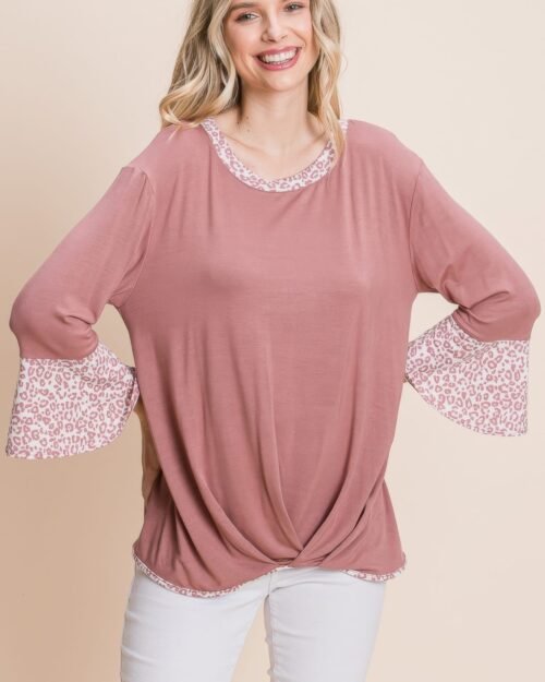animal print contrast bell sleeves fashion top with gathered front hem