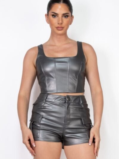 Faux Leather Square Zippered Crop Top