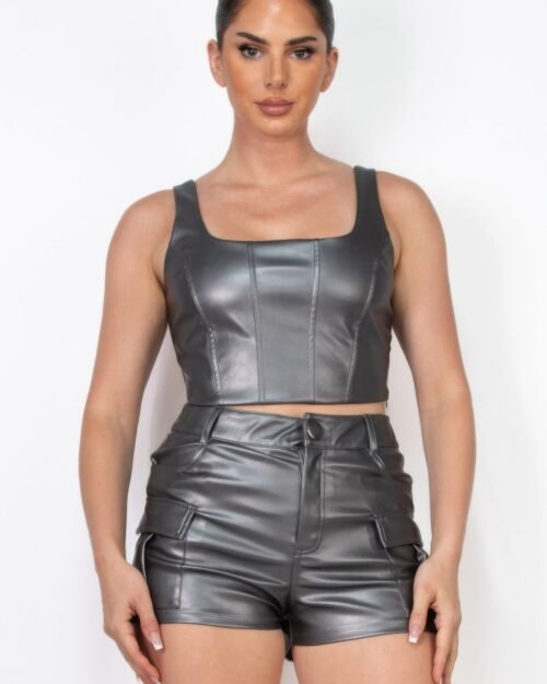 faux leather square zippered crop top