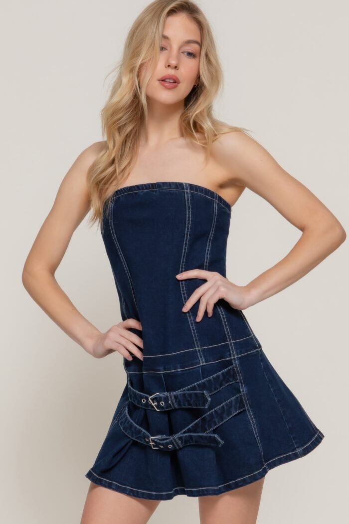 Strapless stretch denim mini pleats dress - image 1