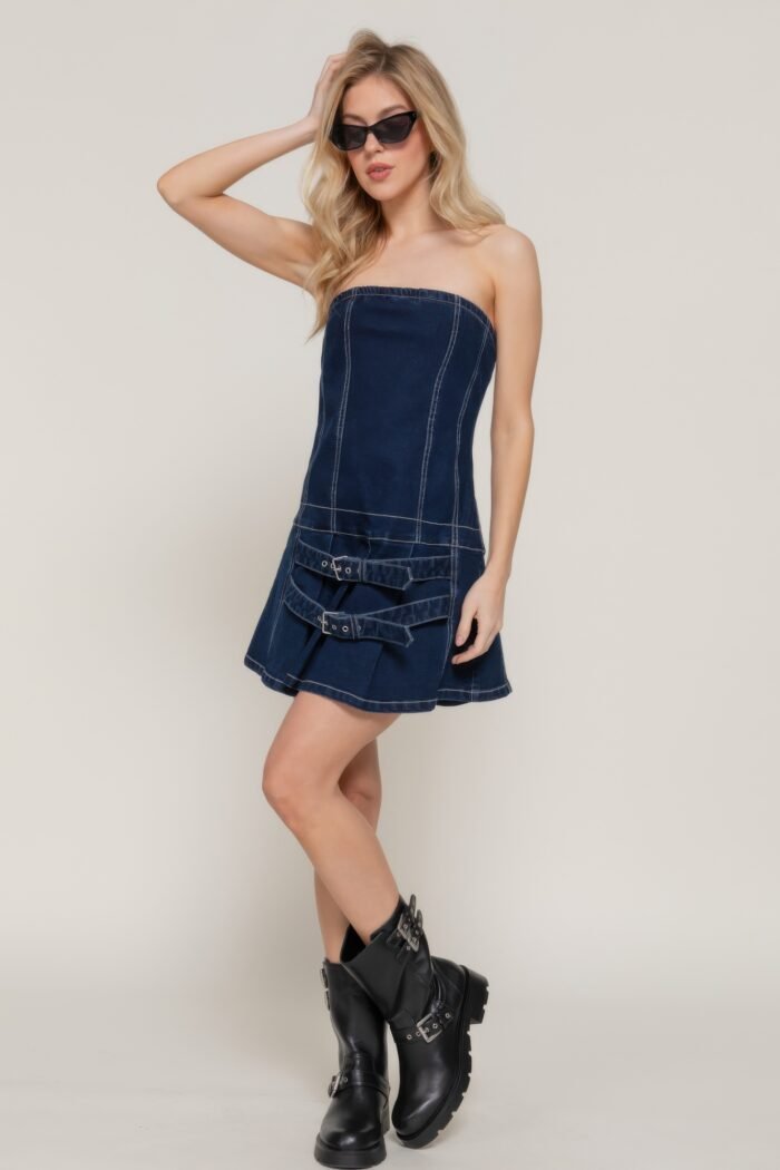 Strapless stretch denim mini pleats dress - image 2