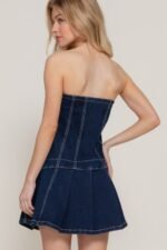 Strapless Stretch Denim Mini Pleats Dress - Image 3