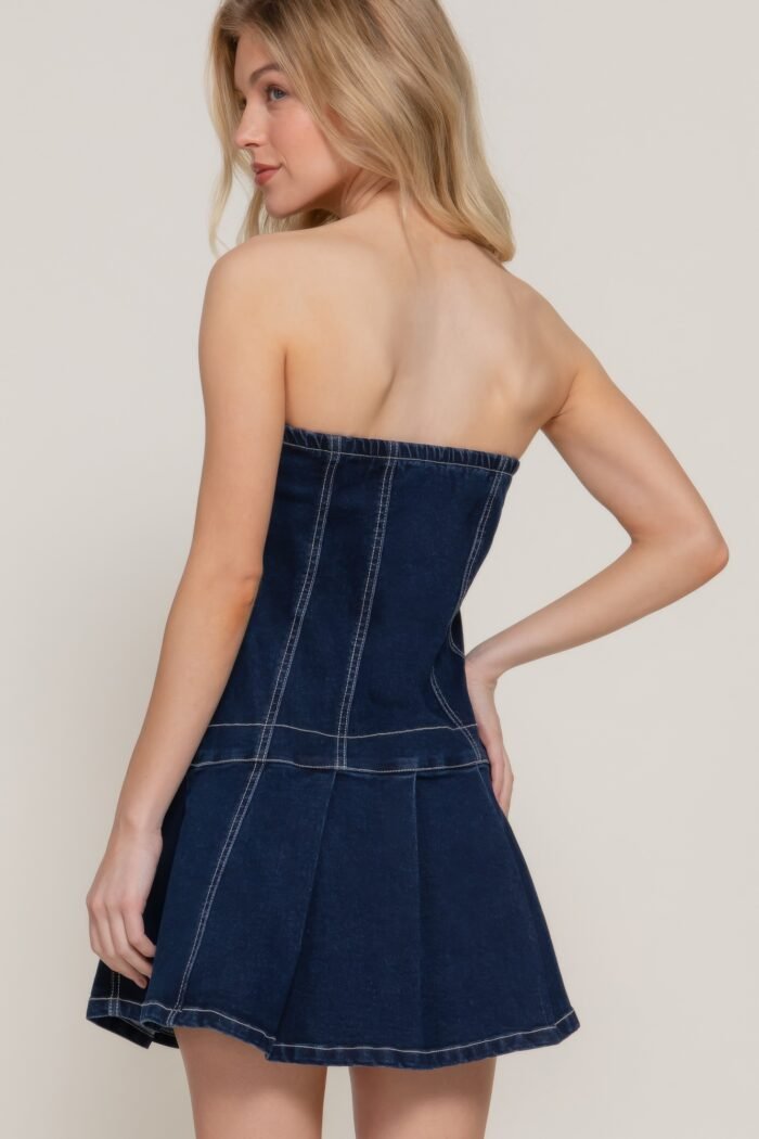 Strapless stretch denim mini pleats dress - image 3