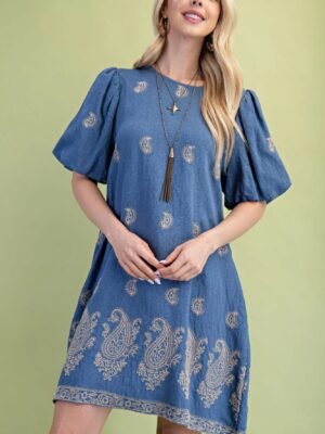Paisley Embroidered Round Neck Mini Dress With Short Puff Sleeves