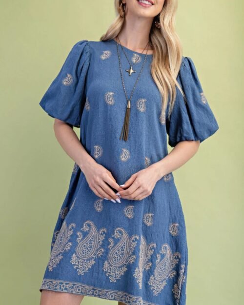 paisley embroidered round neck mini dress with short puff sleeves
