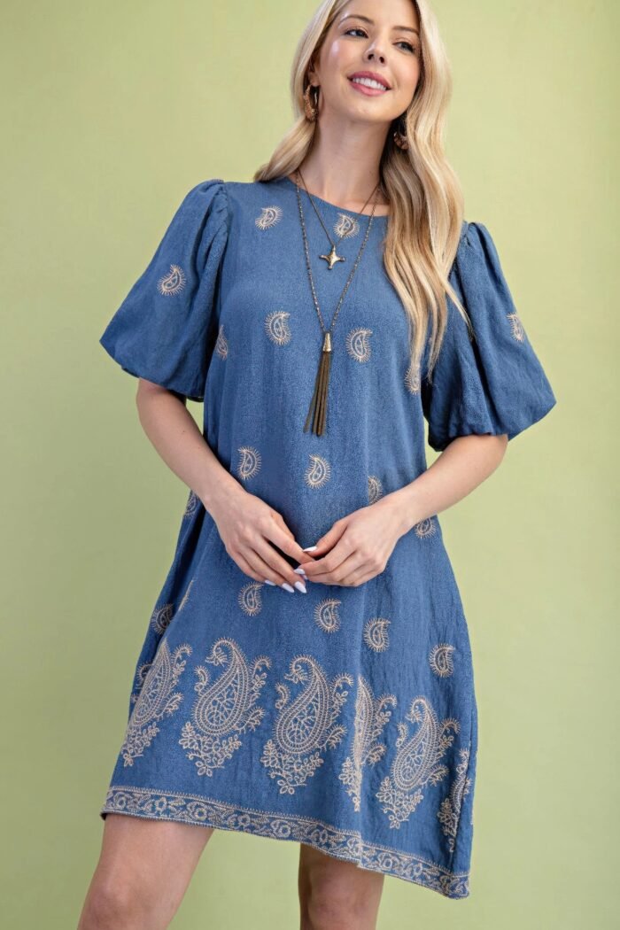 Paisley embroidered round neck mini dress with short puff sleeves - image 1