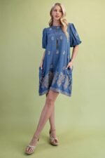 Paisley Embroidered Round Neck Mini Dress With Short Puff Sleeves - Image 2