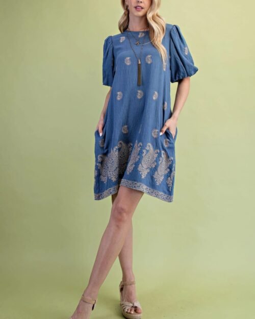 paisley embroidered round neck mini dress with short puff sleeves