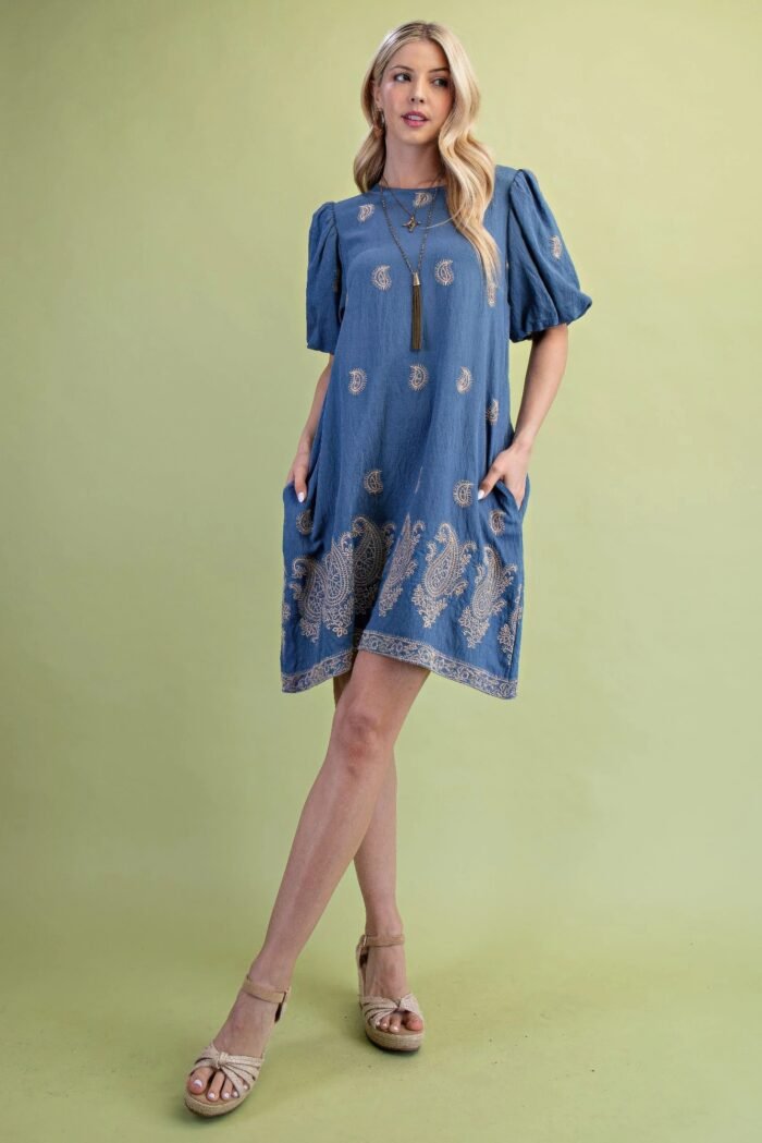 Paisley embroidered round neck mini dress with short puff sleeves - image 2