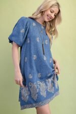 Paisley Embroidered Round Neck Mini Dress With Short Puff Sleeves - Image 3
