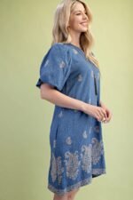 Paisley Embroidered Round Neck Mini Dress With Short Puff Sleeves - Image 4