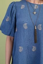 Paisley Embroidered Round Neck Mini Dress With Short Puff Sleeves - Image 5