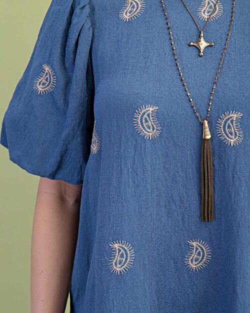 paisley embroidered round neck mini dress with short puff sleeves