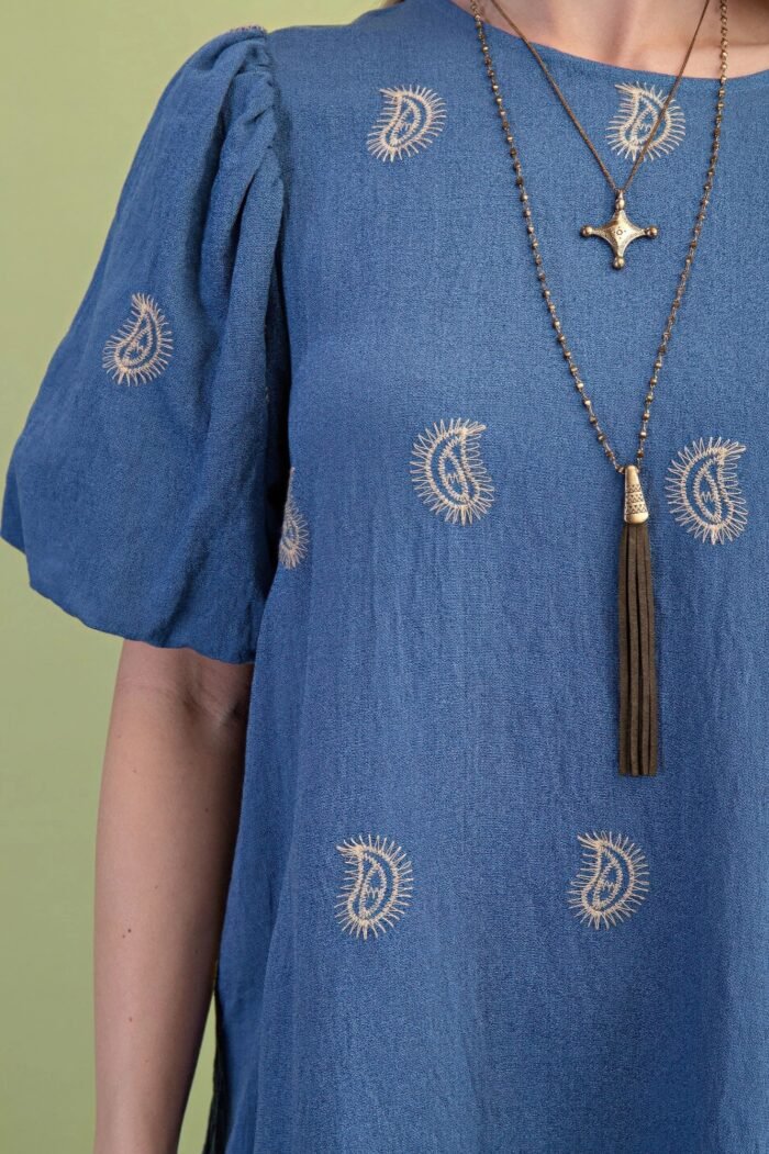 Paisley embroidered round neck mini dress with short puff sleeves - image 5