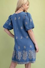 Paisley Embroidered Round Neck Mini Dress With Short Puff Sleeves - Image 6
