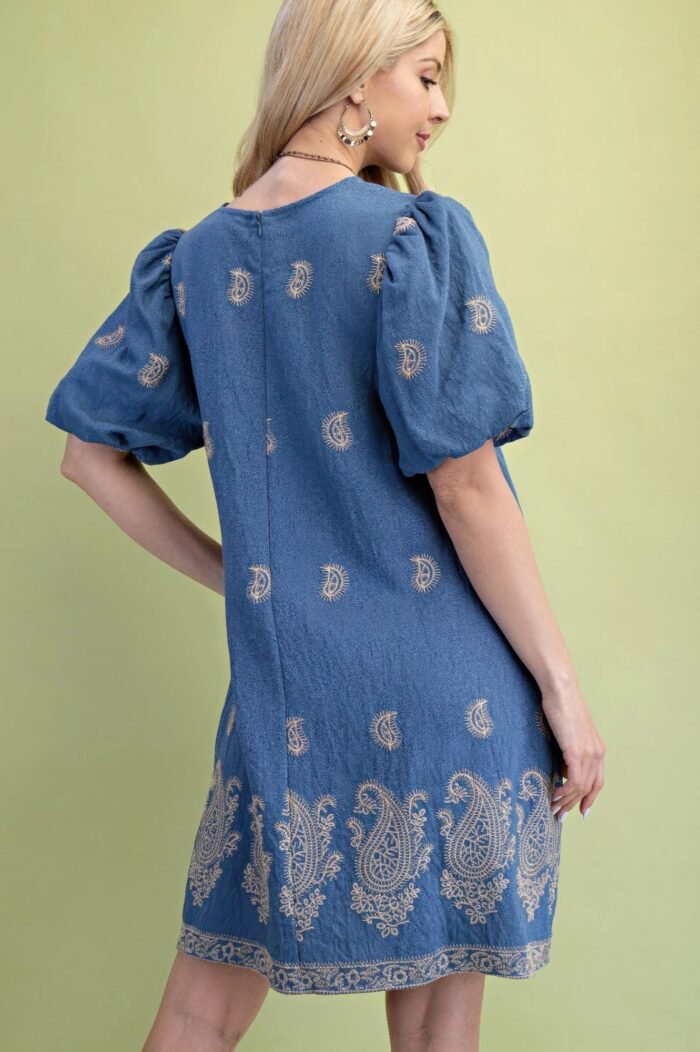 Paisley embroidered round neck mini dress with short puff sleeves - image 6