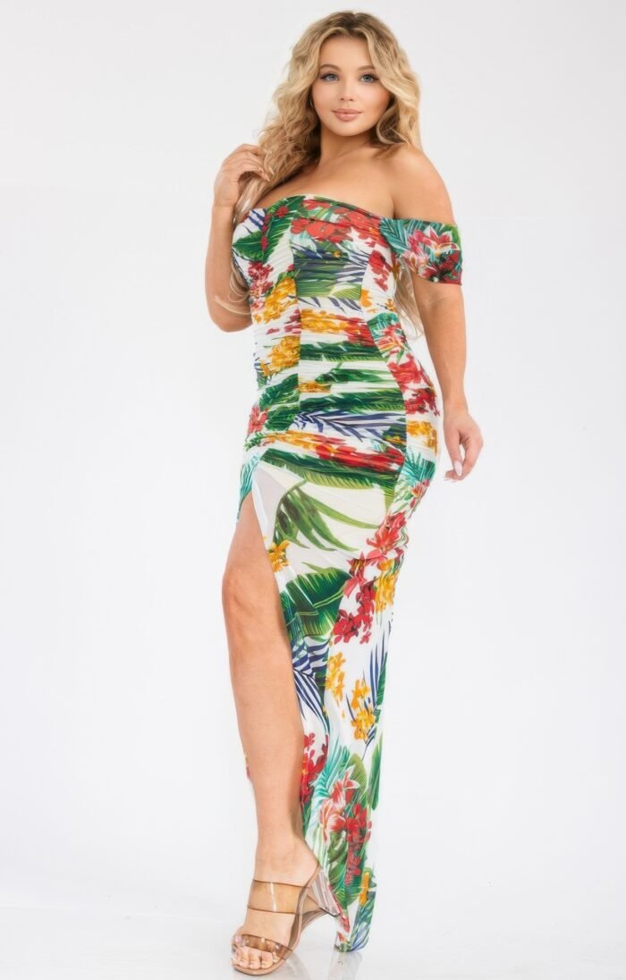 Plus tropical off shoulder draped slv maxi dress