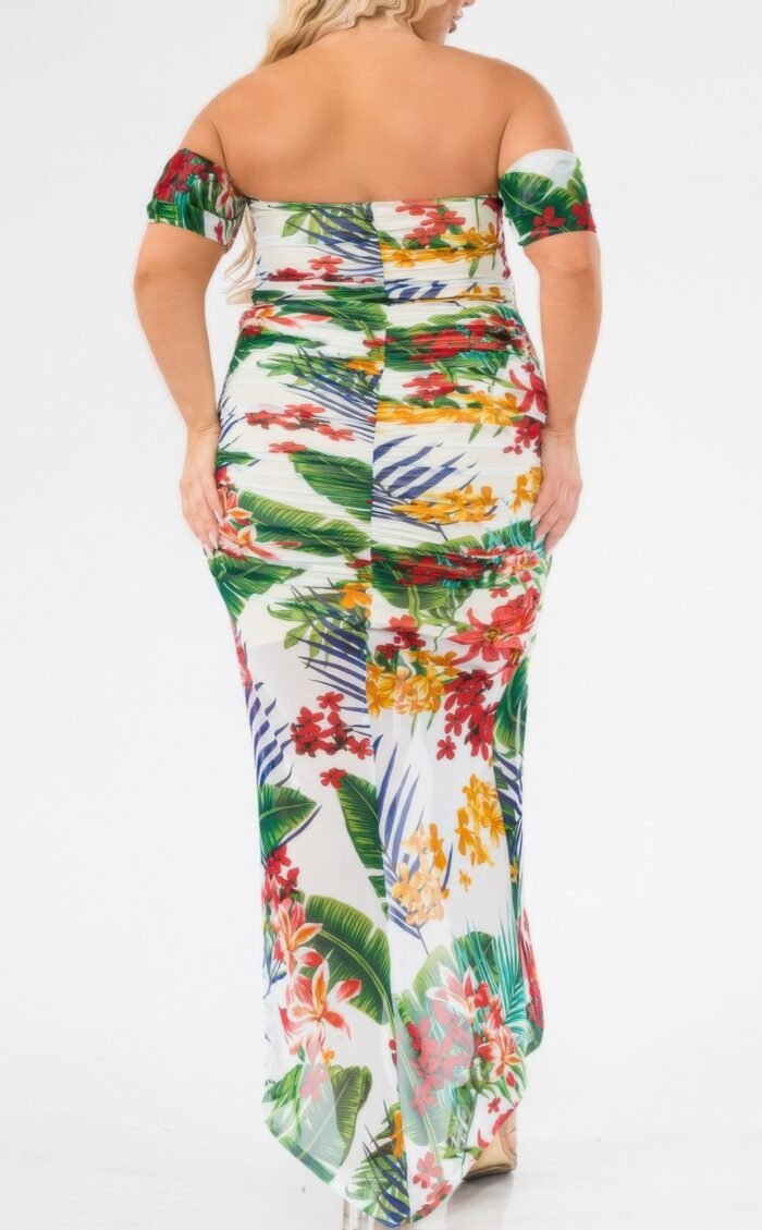 Plus tropical off shoulder draped slv maxi dress