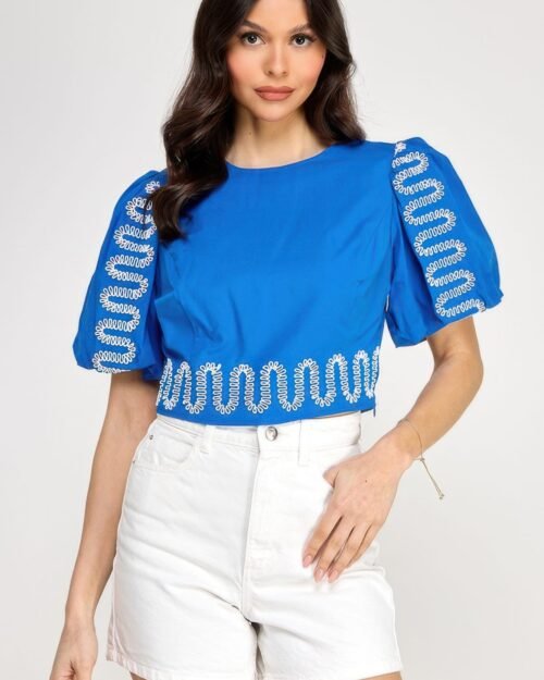 puff bubble sleeve top with embroidery detail