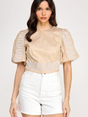 Puff Bubble Sleeve Top With Embroidery Detail