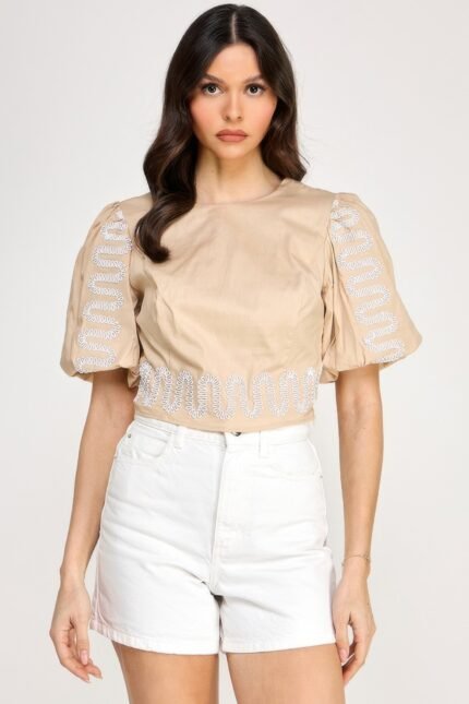 Puff Bubble Sleeve Top With Embroidery Detail