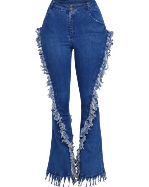 distressed fringe denim flared pant