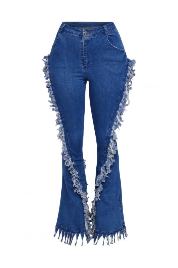 Distressed fringe denim flared pant