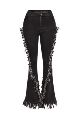 Distressed Fringe Denim Flared Pant