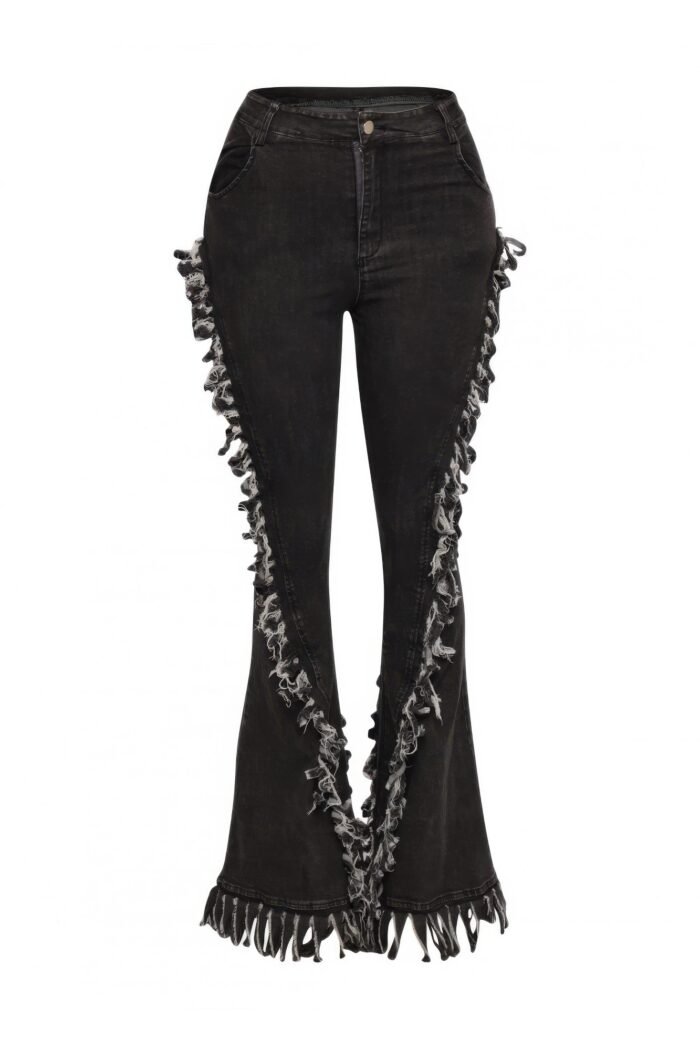 Distressed fringe denim flared pant
