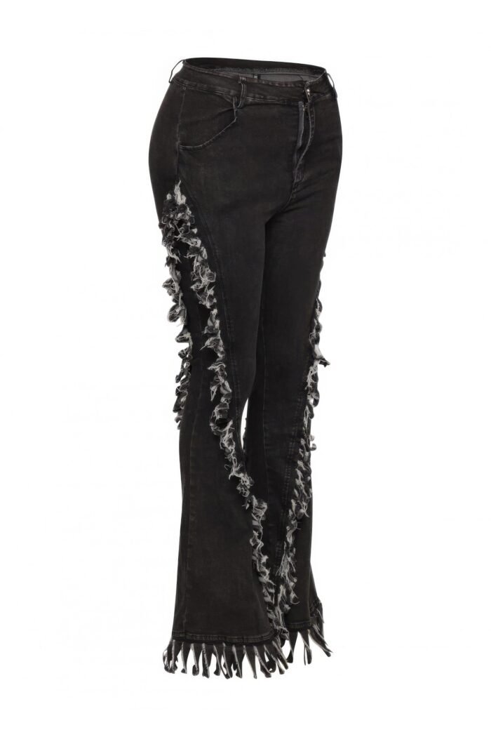 Distressed fringe denim flared pant